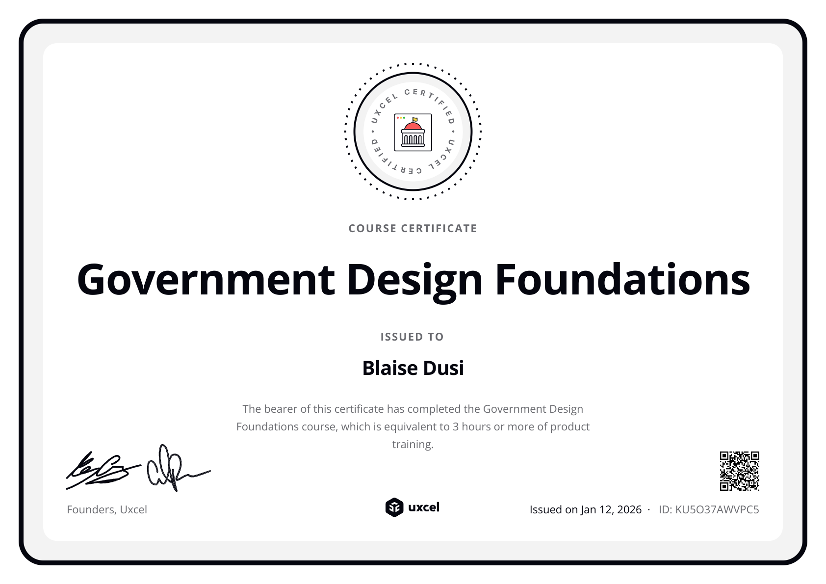 Blaise Dusi's certificate